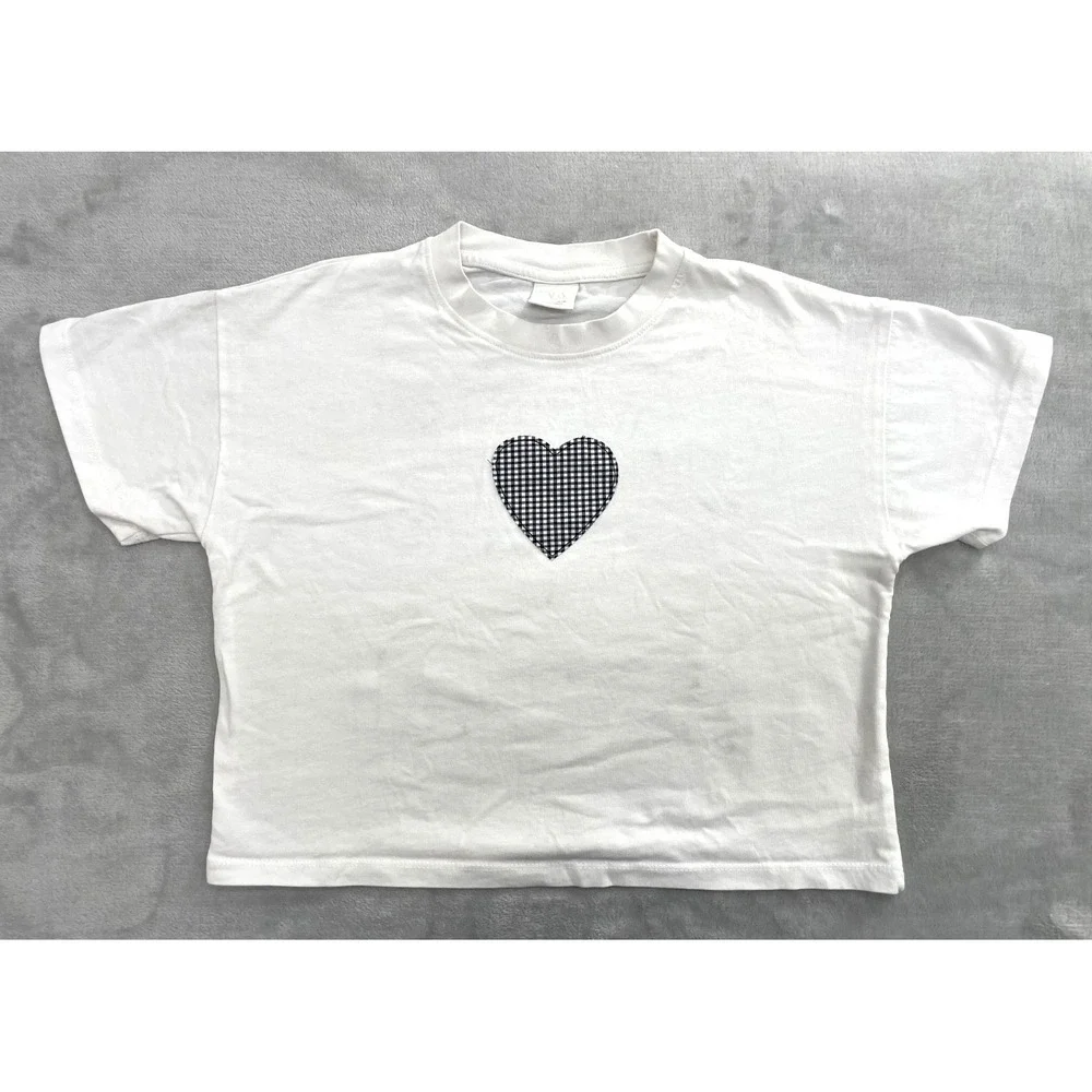 Zara T-Shirt Girls 9-10 White Gingham Heart Dancing Away Graphic Tee